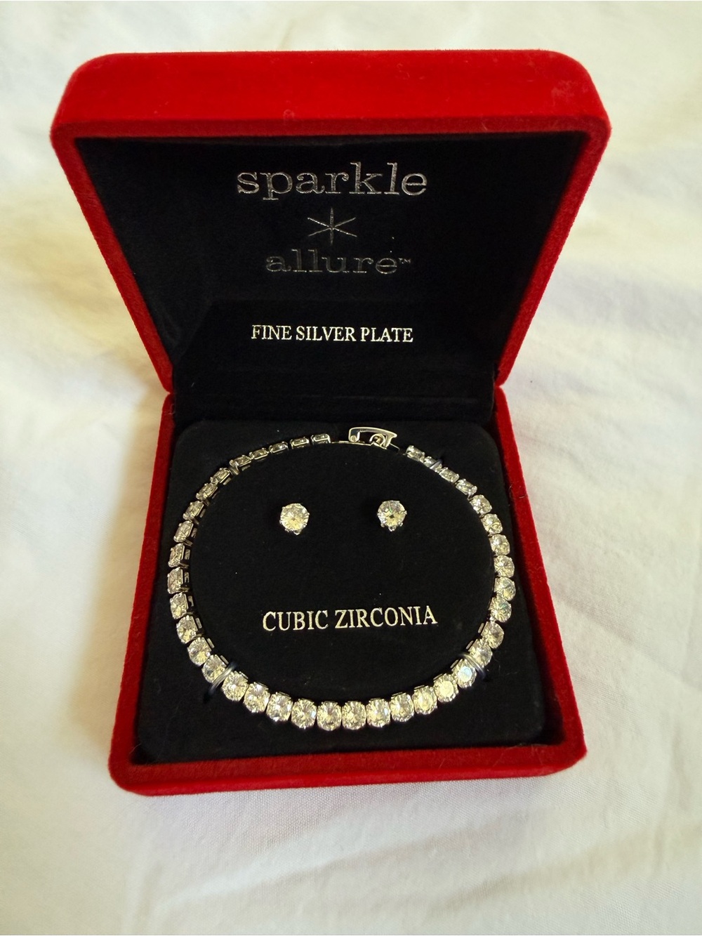 Silver-Tone Clear Cubic Zirconia Tennis Bracelet with Stud Earrings